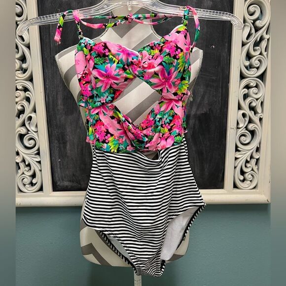 OP Pink Floral and Black Striped One Piece Swimsuit - Picture 1 of 9